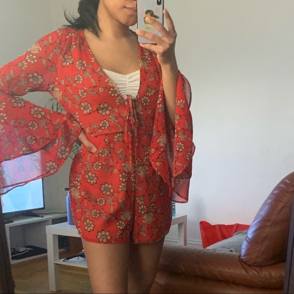 For Love And Lemons Pants - For Love & Lemons red floral bell sleeve romper